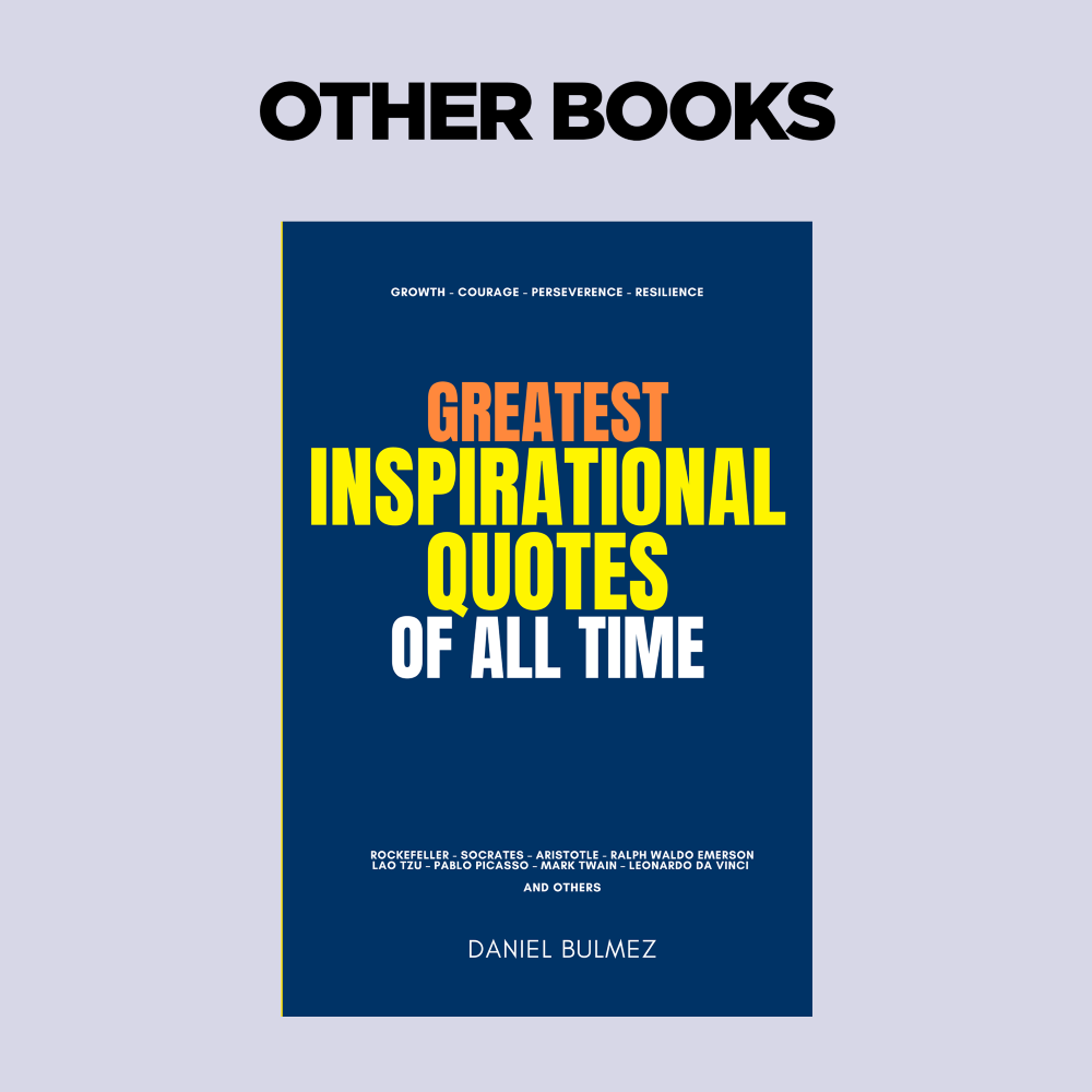 Promotional graphic featuring Greatest Inspirational Quotes book cover by Daniel Bulmez