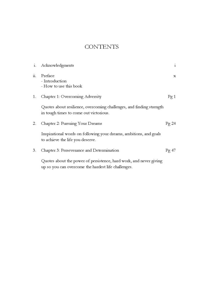 Table of contents page listing three chapters on adversity and perseverance