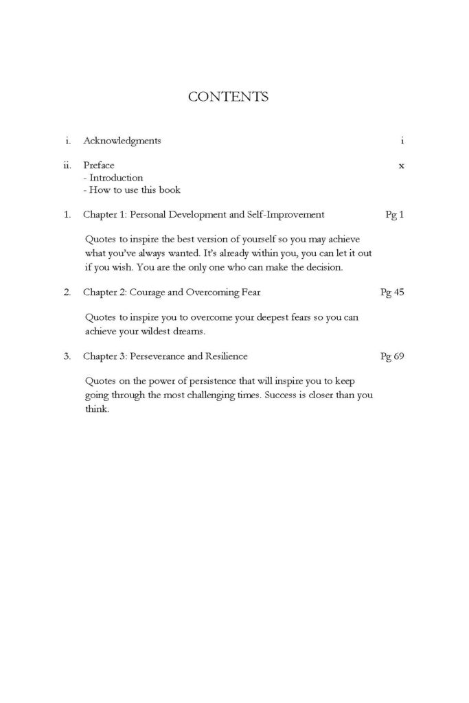 Table of contents page with three chapters on personal development