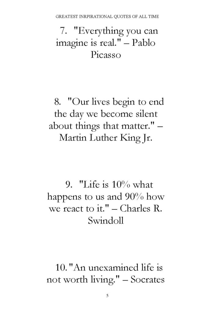 Book page with quotes by Picasso, Martin Luther King Jr., Swindoll, and Socrates