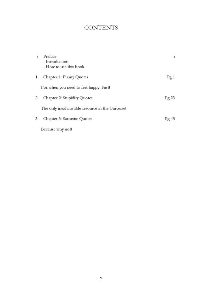 Contents page for funny quotes book with three chapters listed
