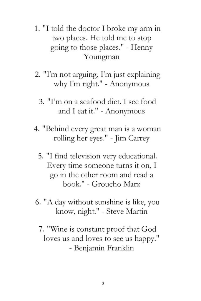 Book page listing seven numbered funny quotes by various comedians and authors