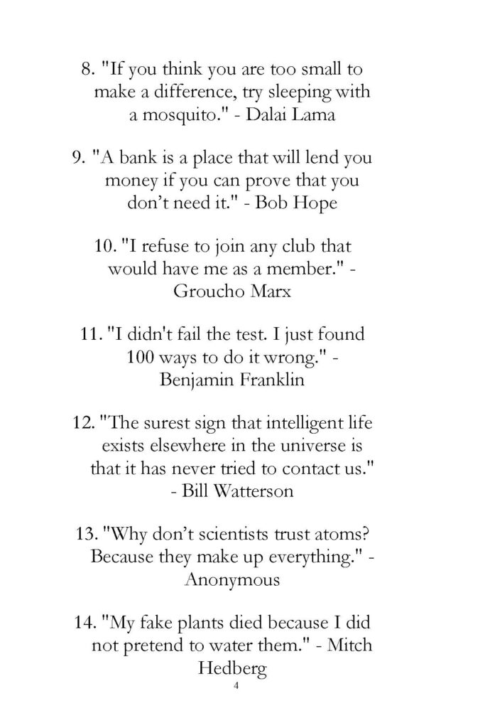 Book page continuing funny quotes numbered eight through fourteen