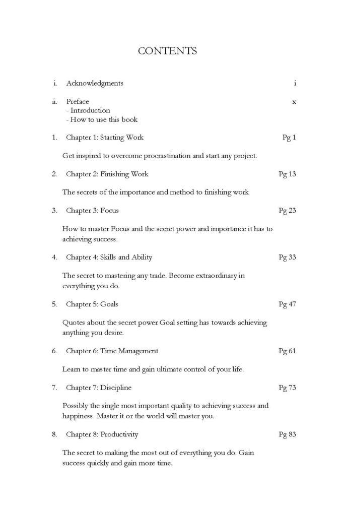 Table of contents page listing chapters one through eight with page numbers