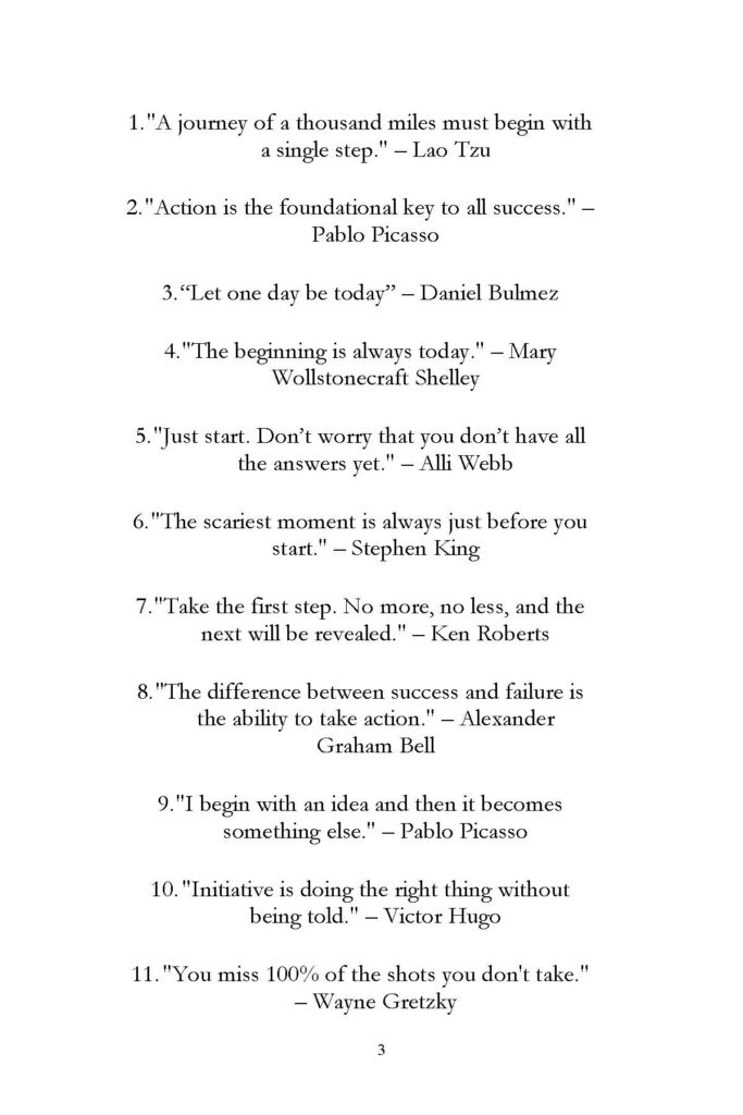 Book page listing eleven numbered motivational quotes about starting and taking action