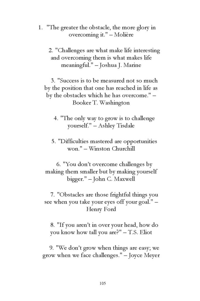 Book page listing nine numbered quotes about overcoming challenges and obstacles