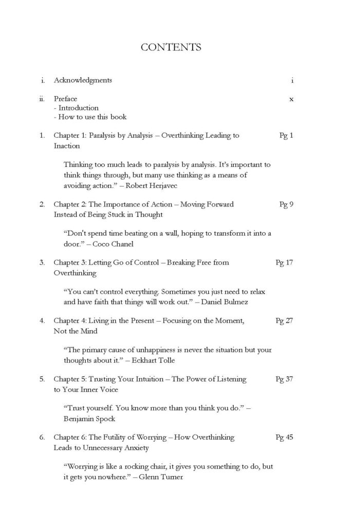 Table of contents page listing chapters 1 through 6 with quotes