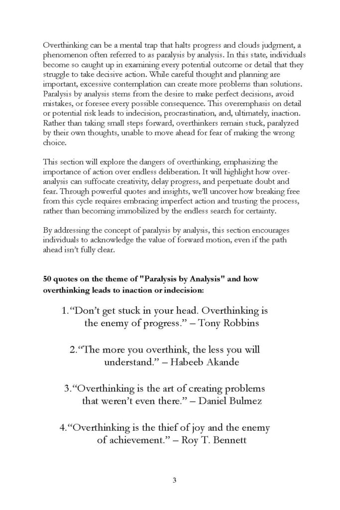 Book page discussing paralysis by analysis with four numbered quotes