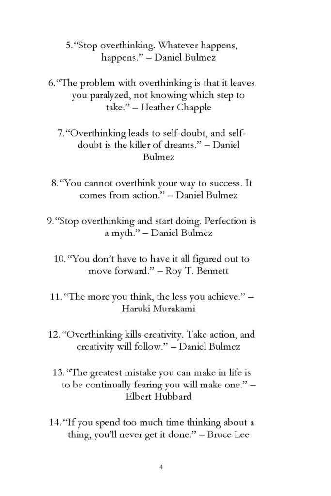 Book page with numbered overthinking quotes 5 through 14
