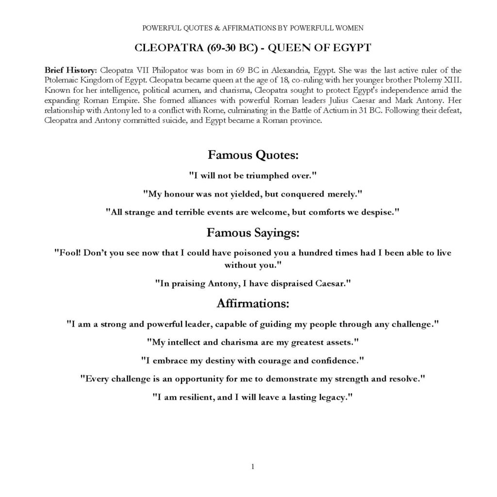 Book page about Cleopatra with biography, famous quotes, and affirmations