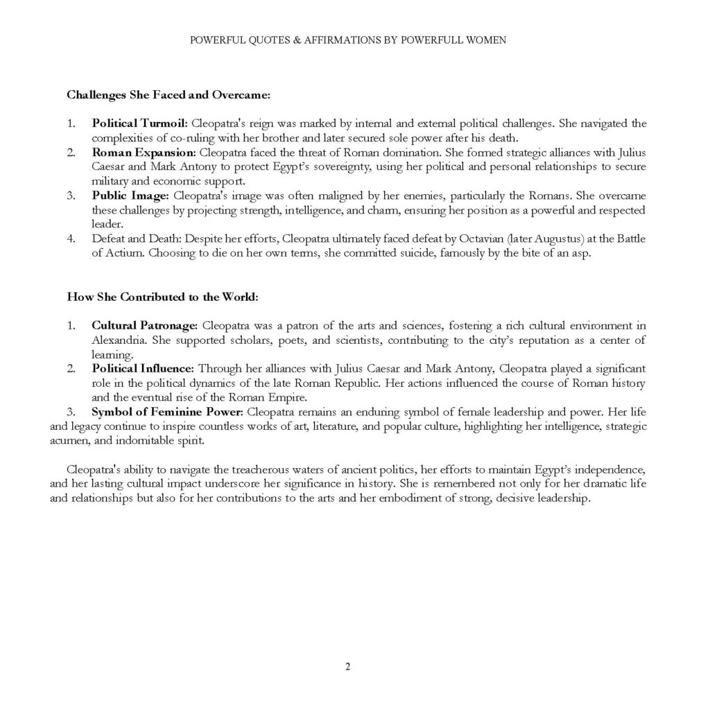 Book page detailing Cleopatra's challenges and world contributions