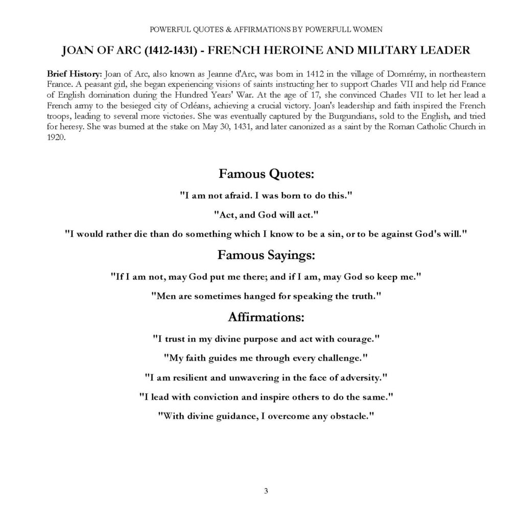 Book page about Joan of Arc with biography, quotes, and affirmations