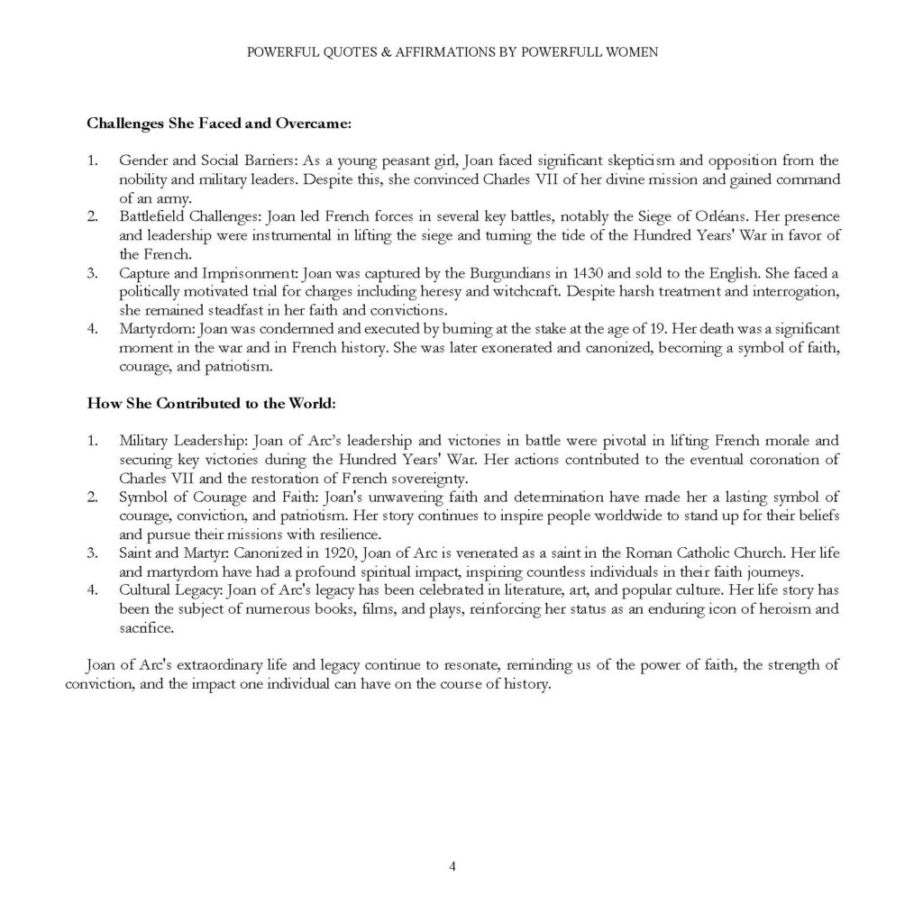 Book page detailing Joan of Arc's challenges and world contributions