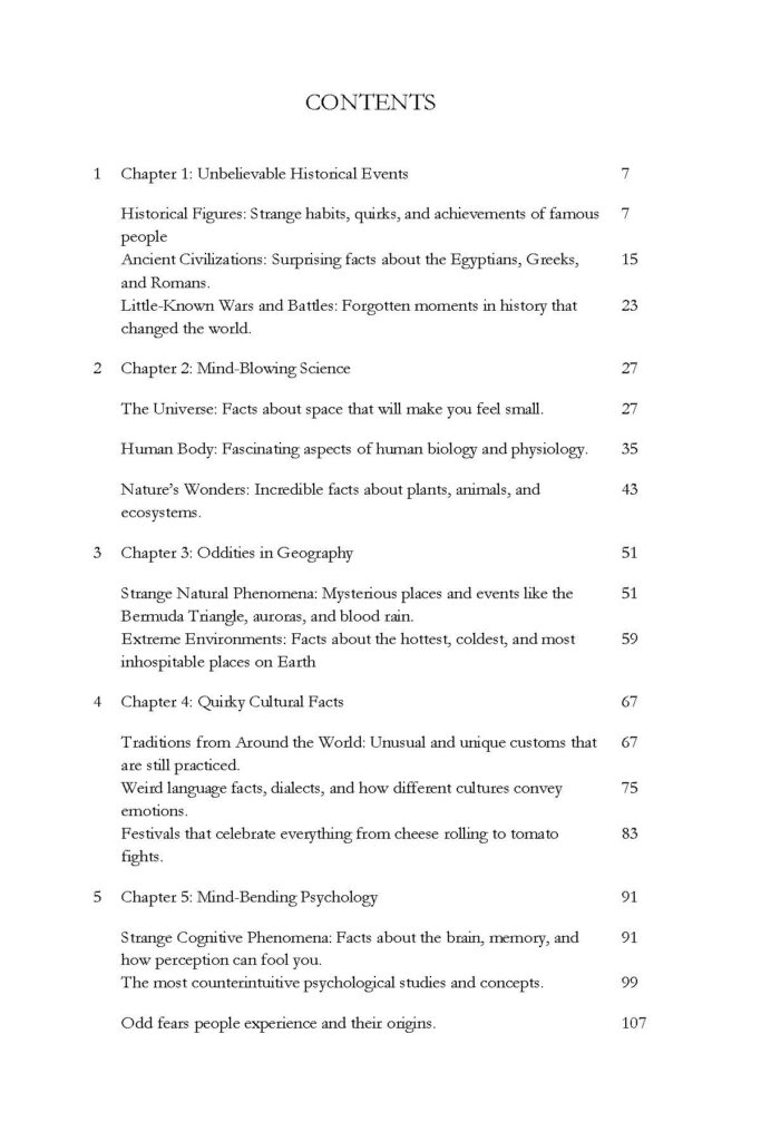 Table of contents page for Rare and Interesting Facts chapters 1 through 5