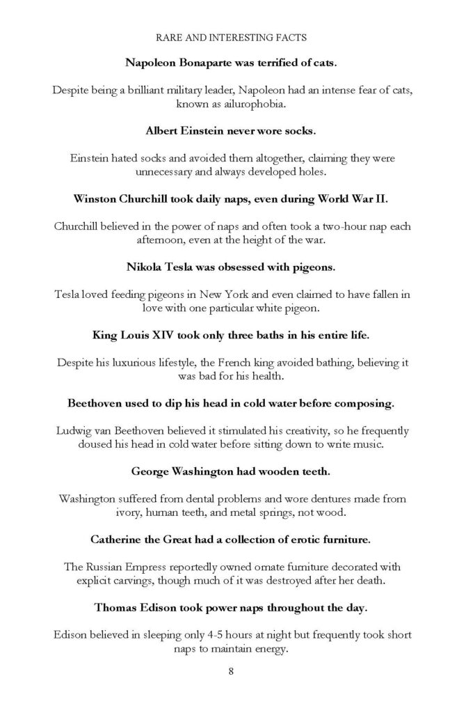 Book page with quirky facts about Napoleon, Einstein, Churchill, and Tesla