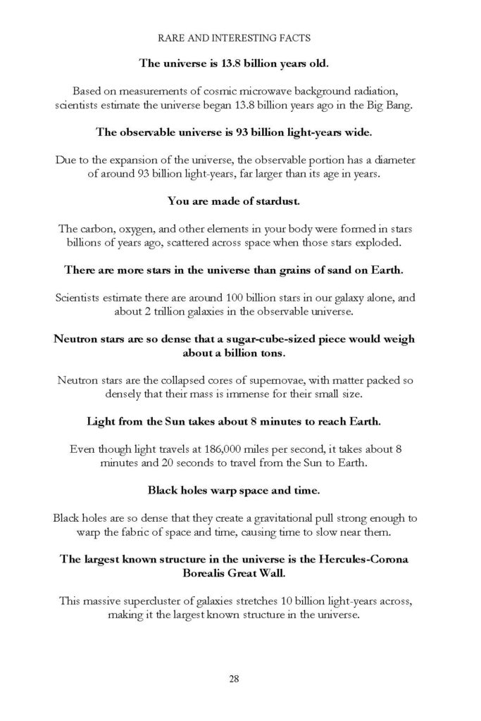 Book page with universe facts about age, stardust, stars, and black holes