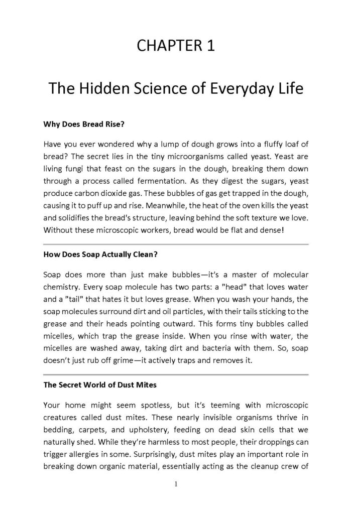 Chapter page about hidden science covering bread rising, soap cleaning, and dust mites