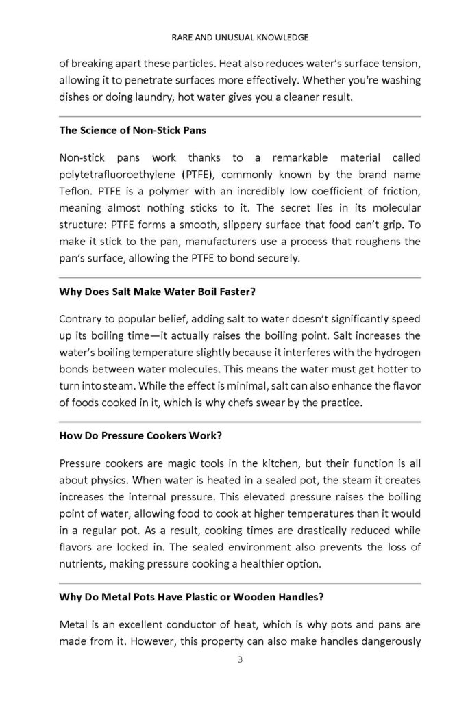 Book page about non-stick pans, salt and boiling water, pressure cookers, and pot handles