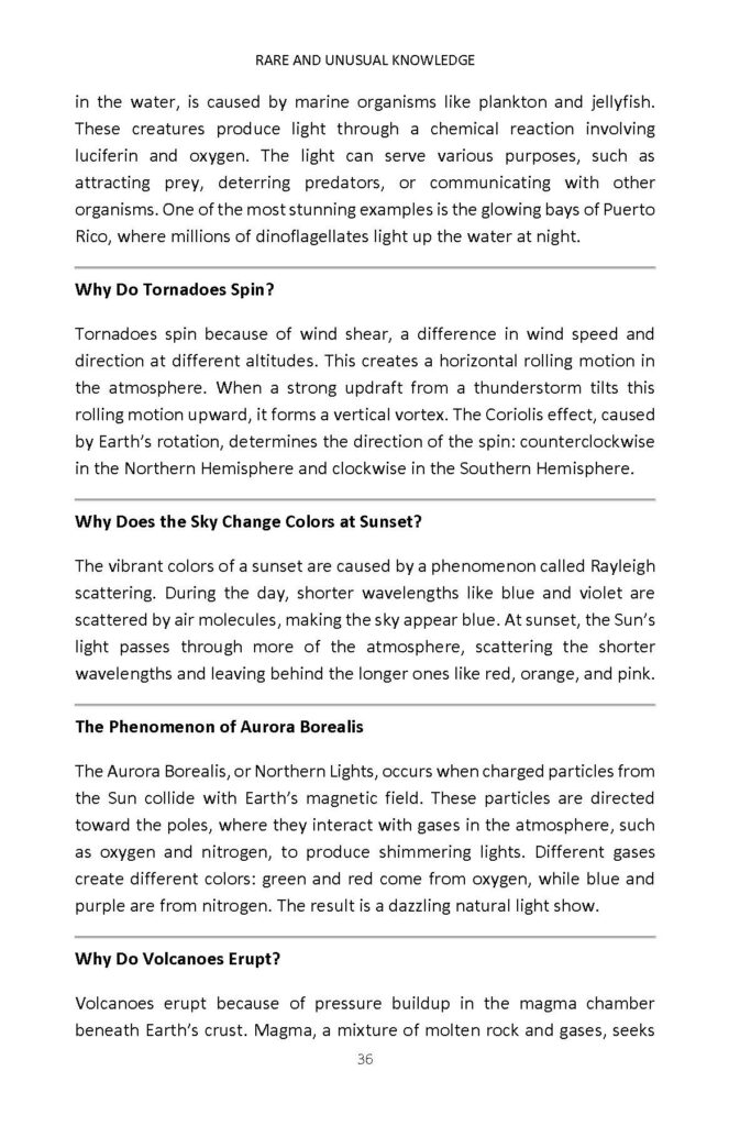 Book page about bioluminescence, tornadoes, sunset colors, aurora borealis, and volcanoes