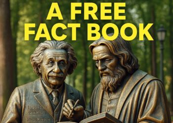 Bronze statues of two scientists reading a book in a park