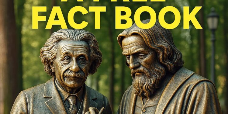 Bronze statues of two scientists reading a book in a park