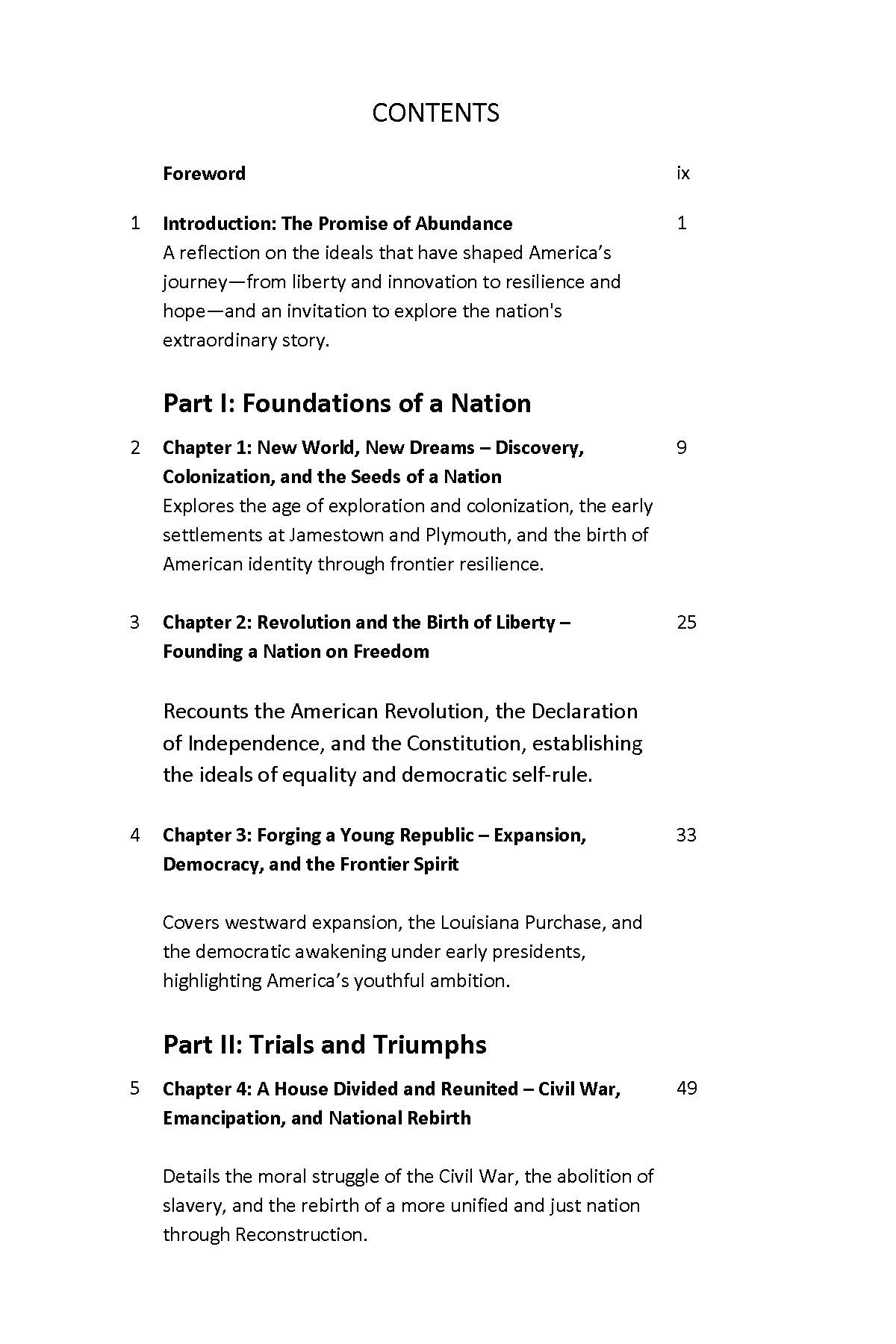 Contents page from Abundance listing chapters 1 through 5 on American history