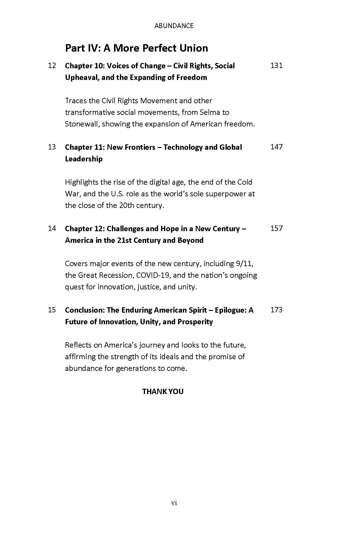 Contents page from Abundance listing chapters 10 through 15 and conclusion
