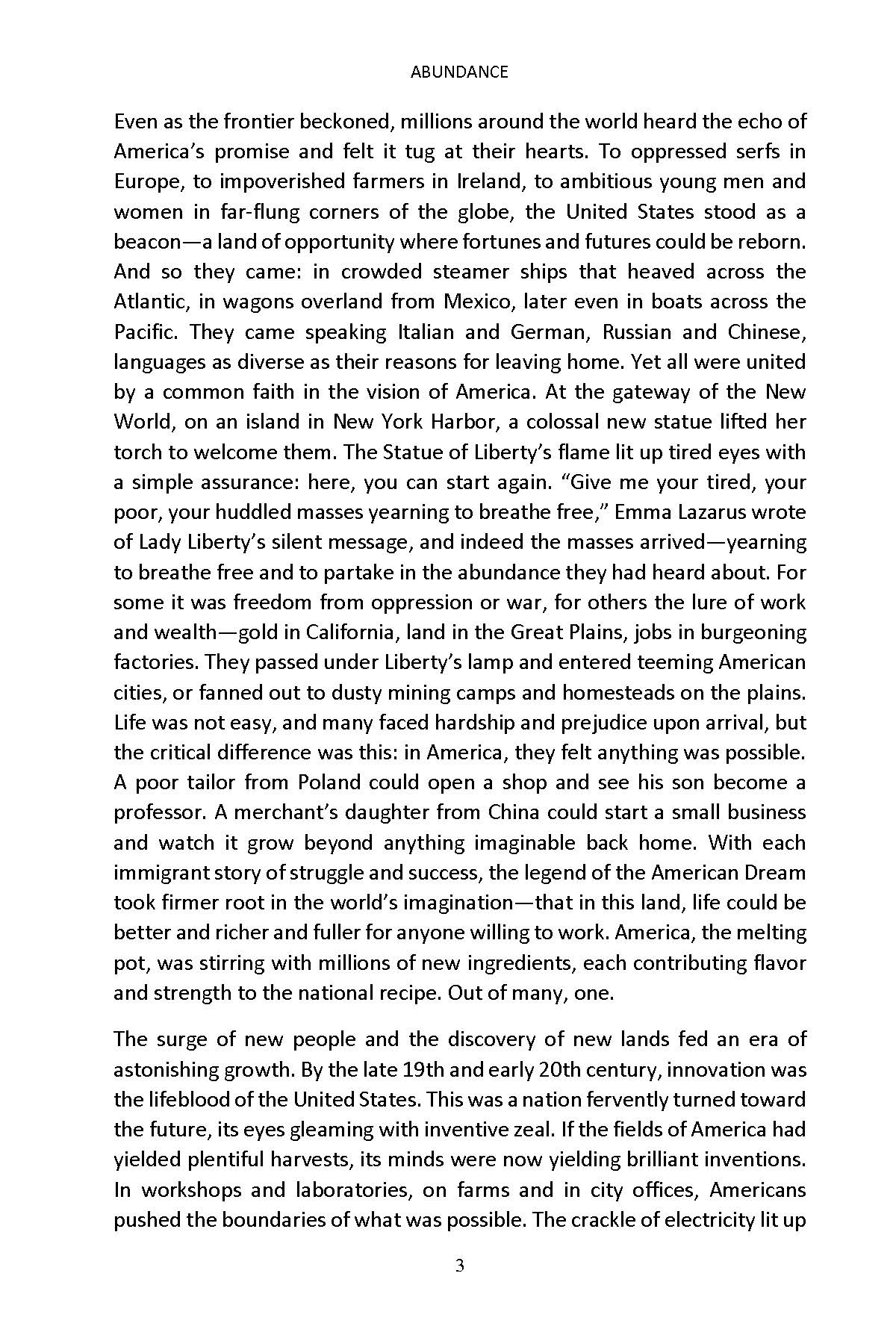 Book page discussing immigration, the Statue of Liberty, and American innovation