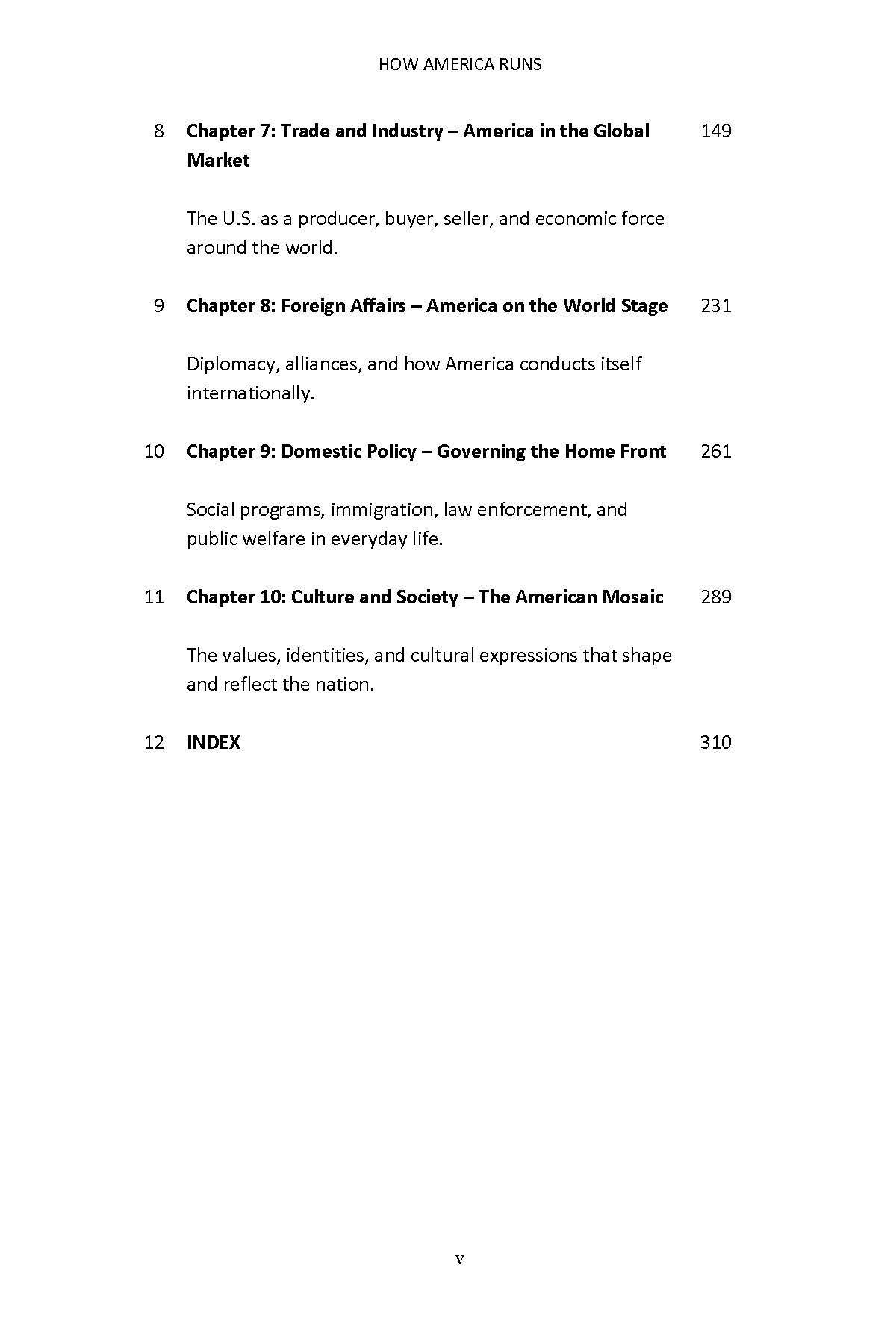 Table of contents from How America Runs covering chapters 7 through 10