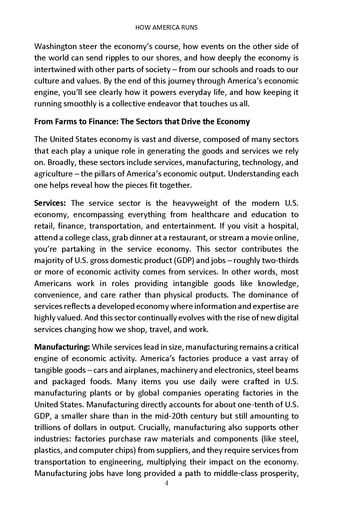 Book page discussing U.S. economic sectors including services and manufacturing