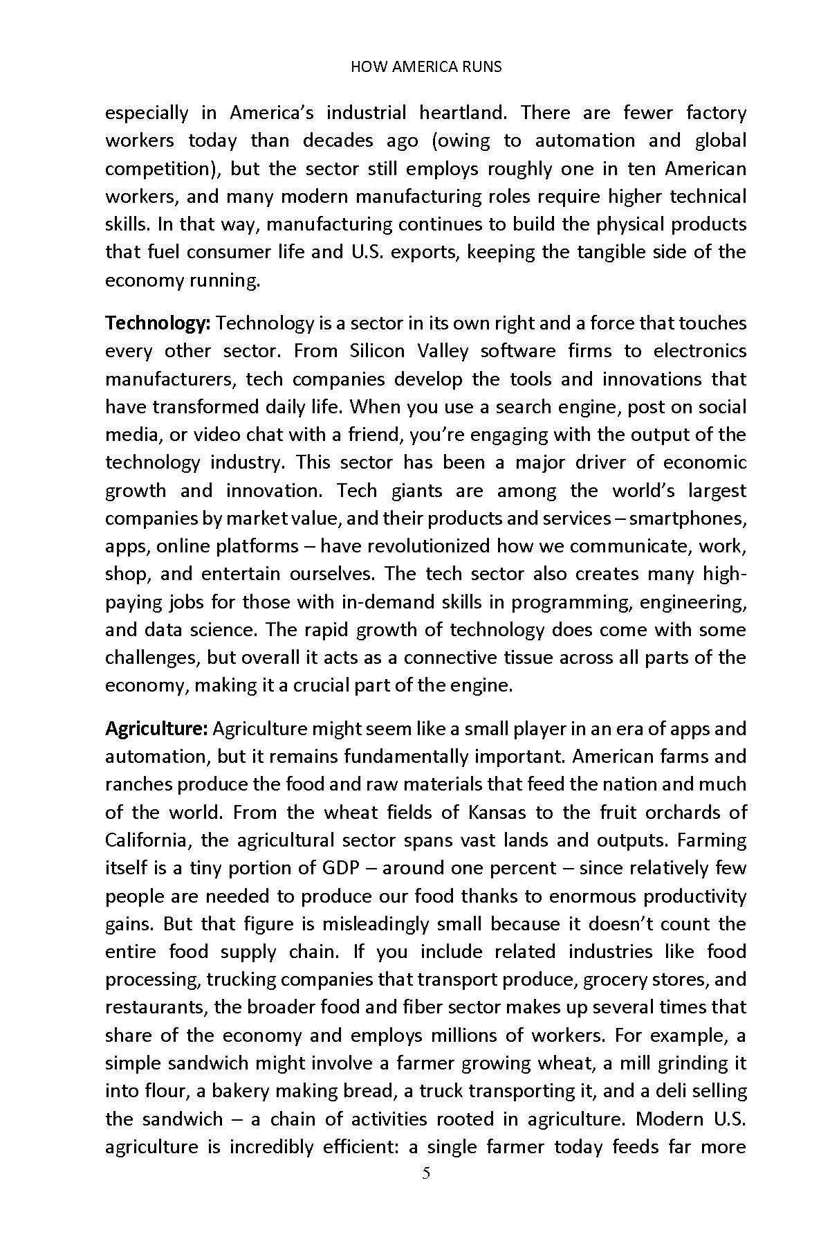 Book page covering technology and agriculture sectors of the U.S. economy