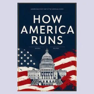 Book cover with U.S. Capitol building and American flag on navy background by Daniel Bulmez