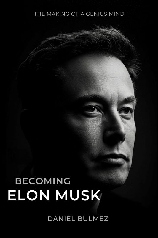 Book cover Becoming Elon Musk in taller format with dramatic portrait by Daniel Bulmez