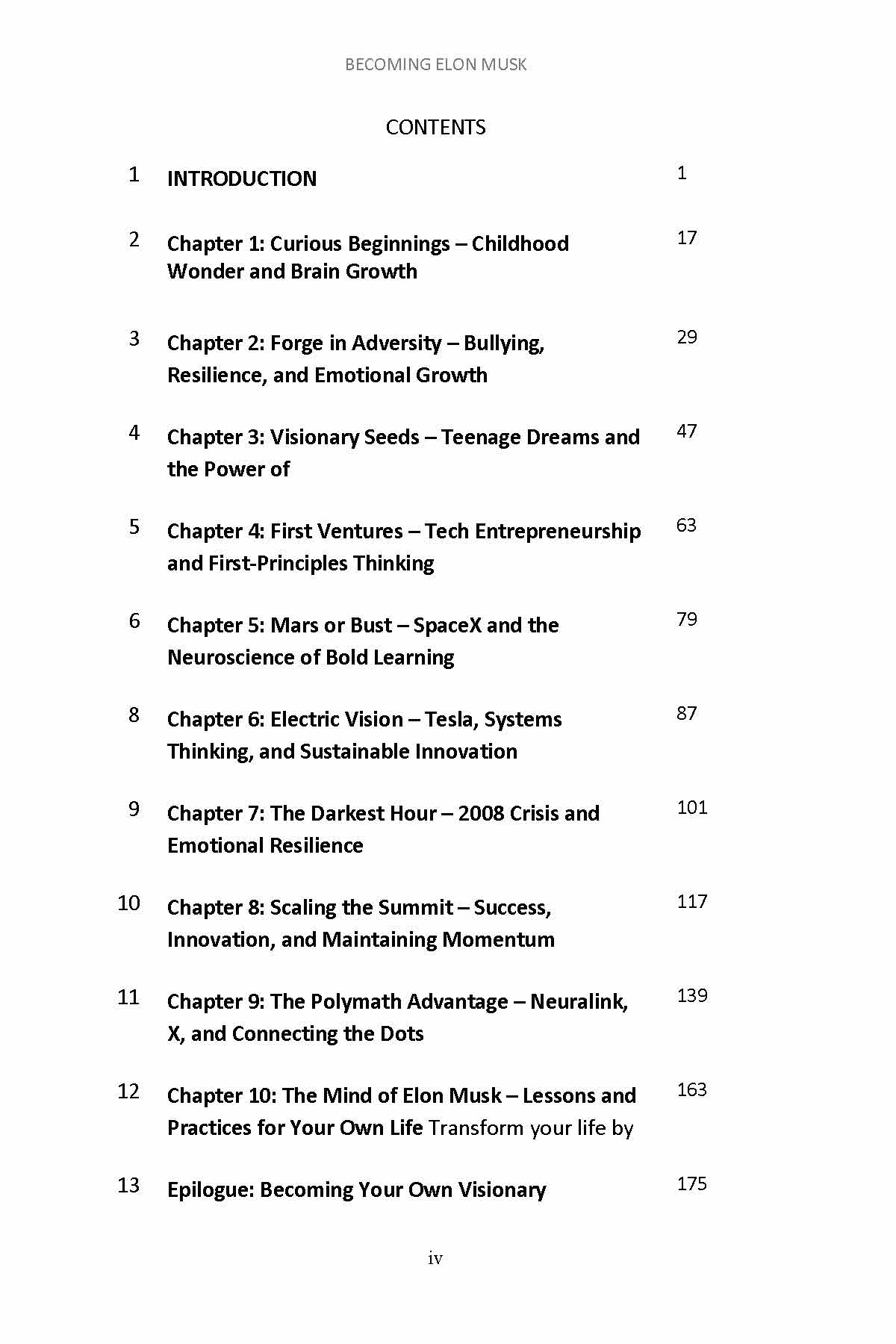 Table of contents page for Becoming Elon Musk listing thirteen chapters