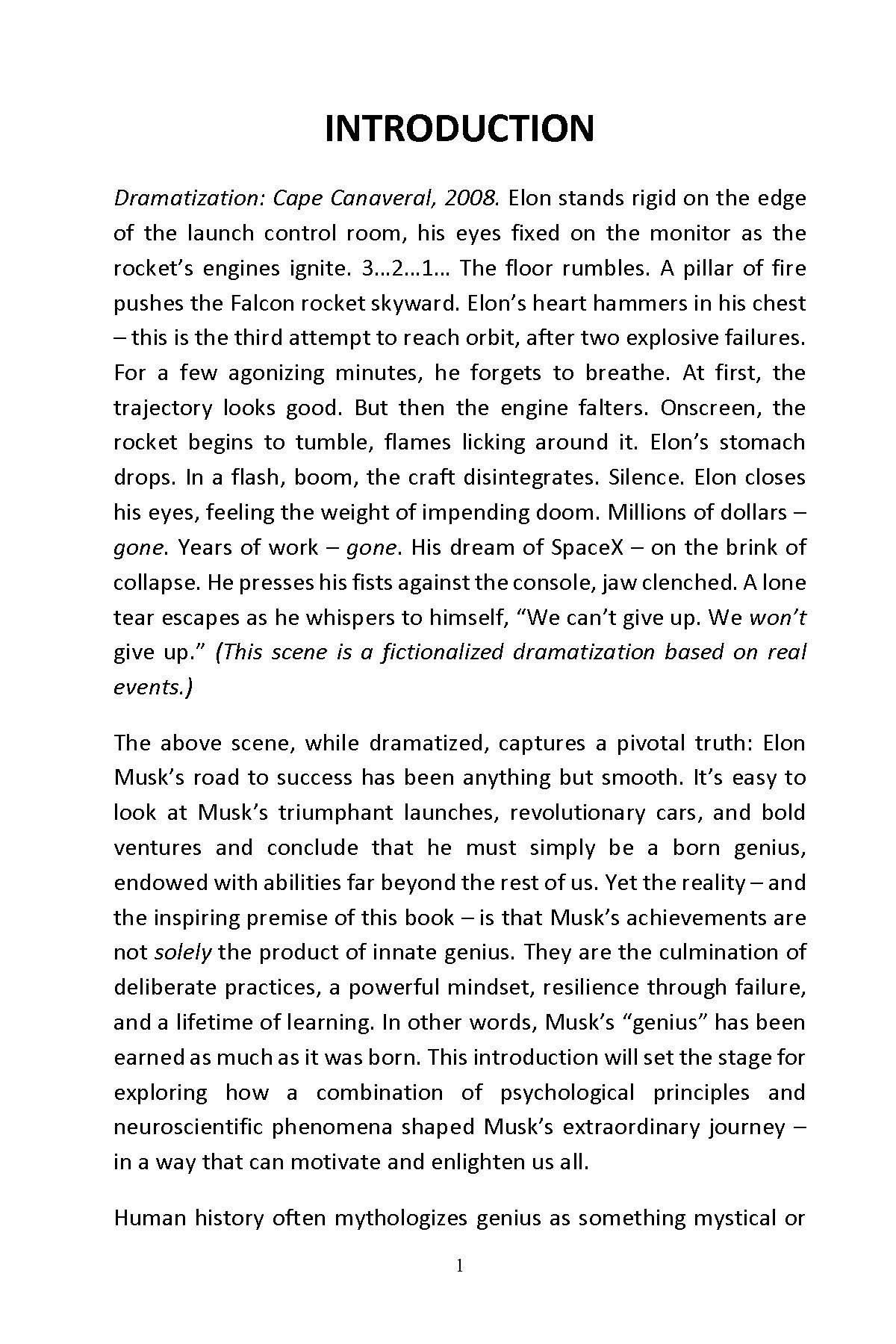 Introduction page describing a dramatized SpaceX rocket launch scene