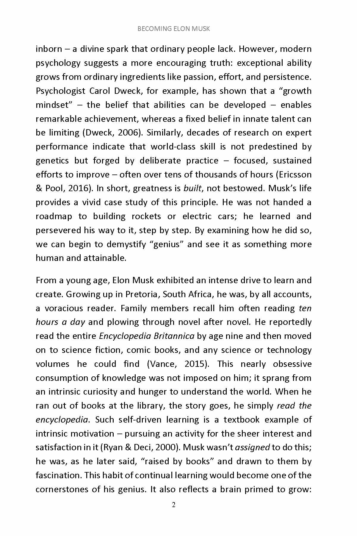 Book page discussing growth mindset, deliberate practice, and Musk's childhood reading