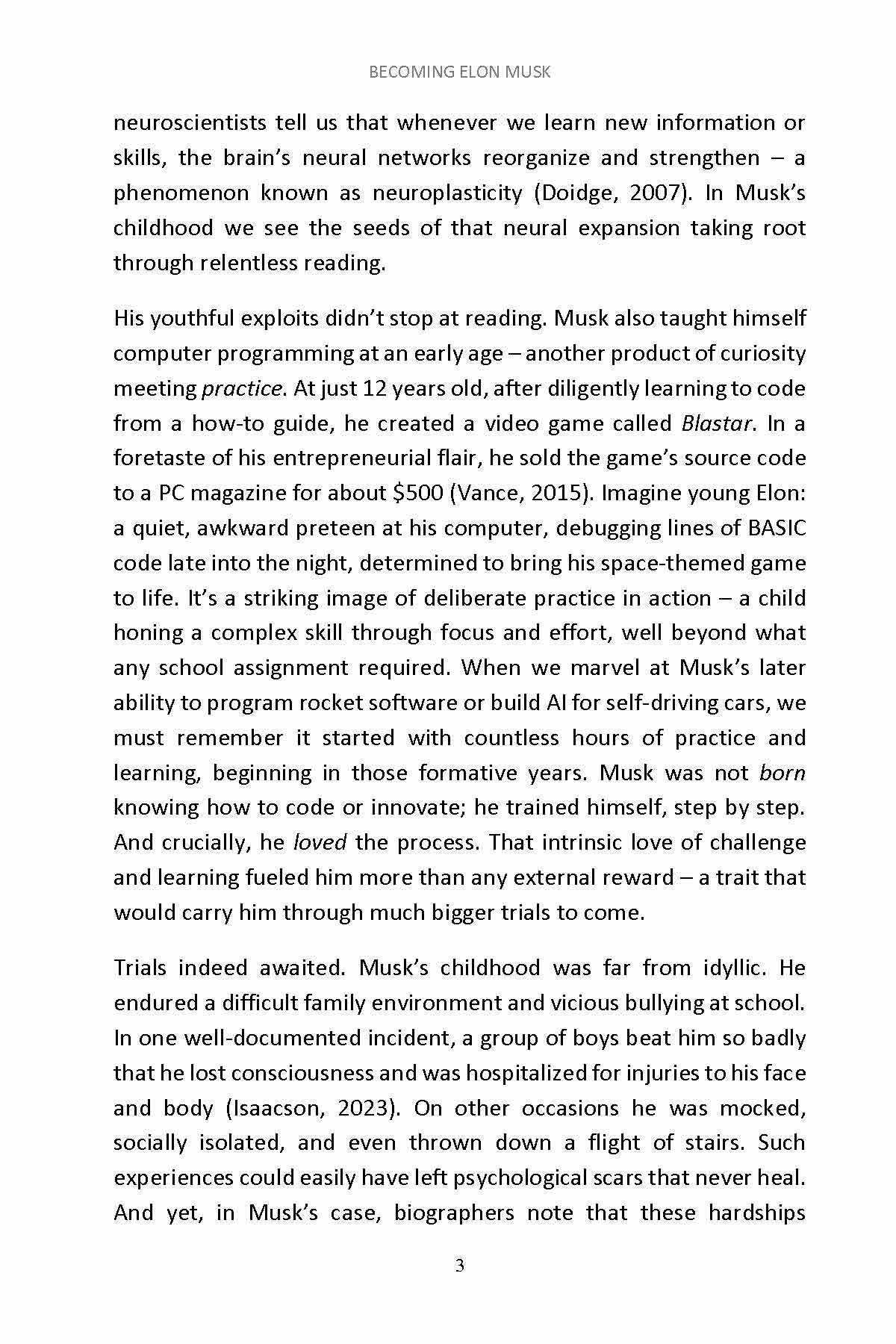 Book page about Musk's early coding, creating Blastar game, and childhood bullying