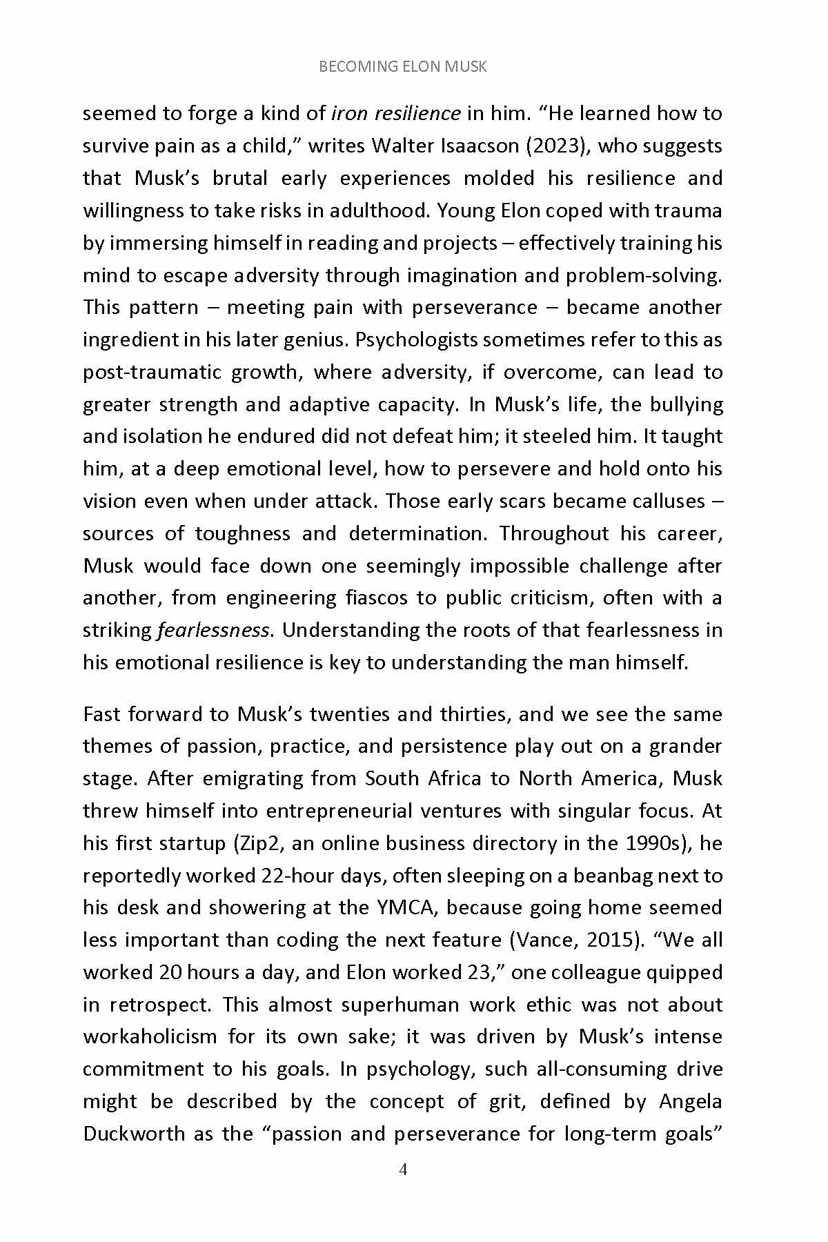 Book page on Musk's resilience from adversity and early entrepreneurial ventures