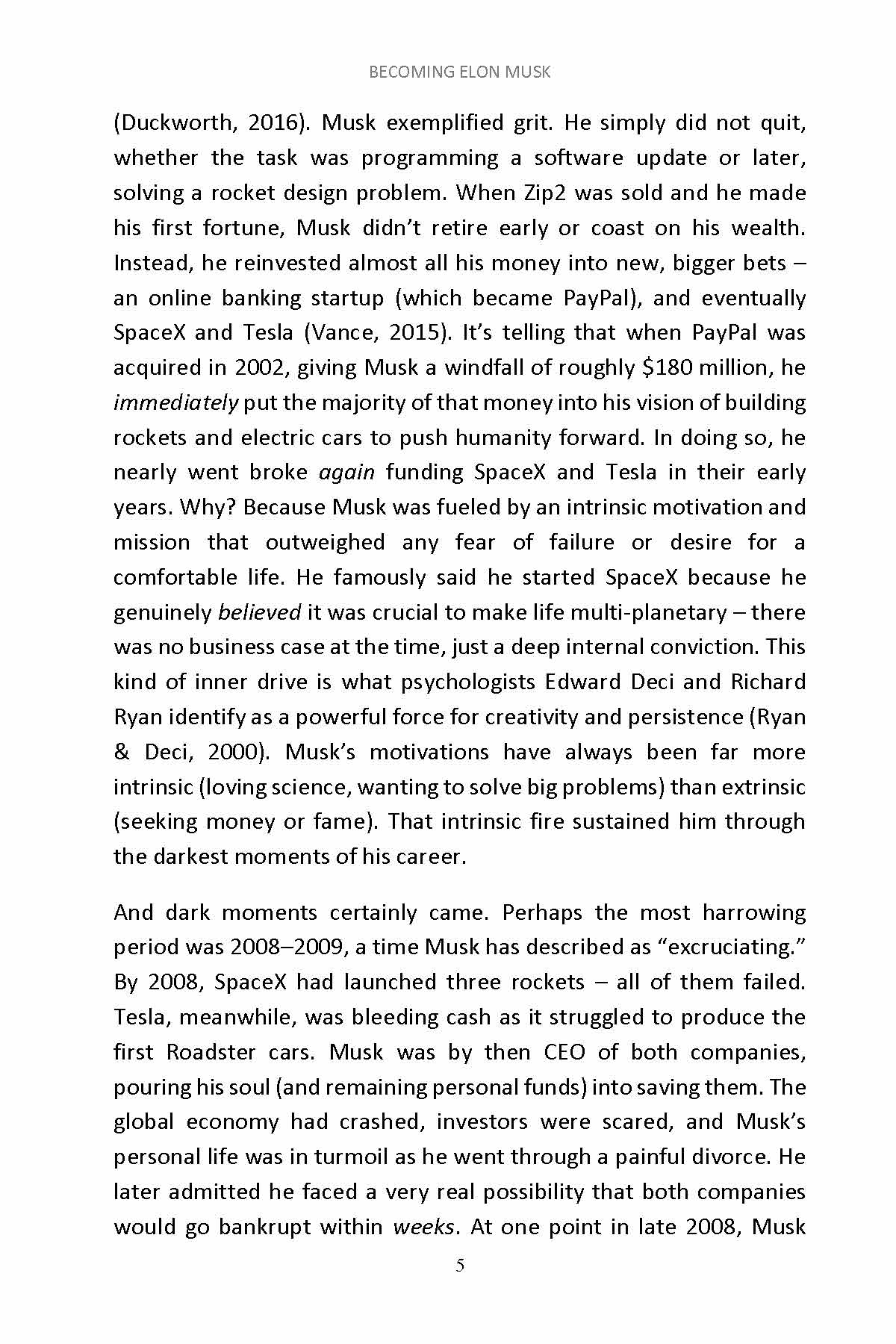 Book page about Musk's grit, PayPal windfall, and investing in SpaceX and Tesla