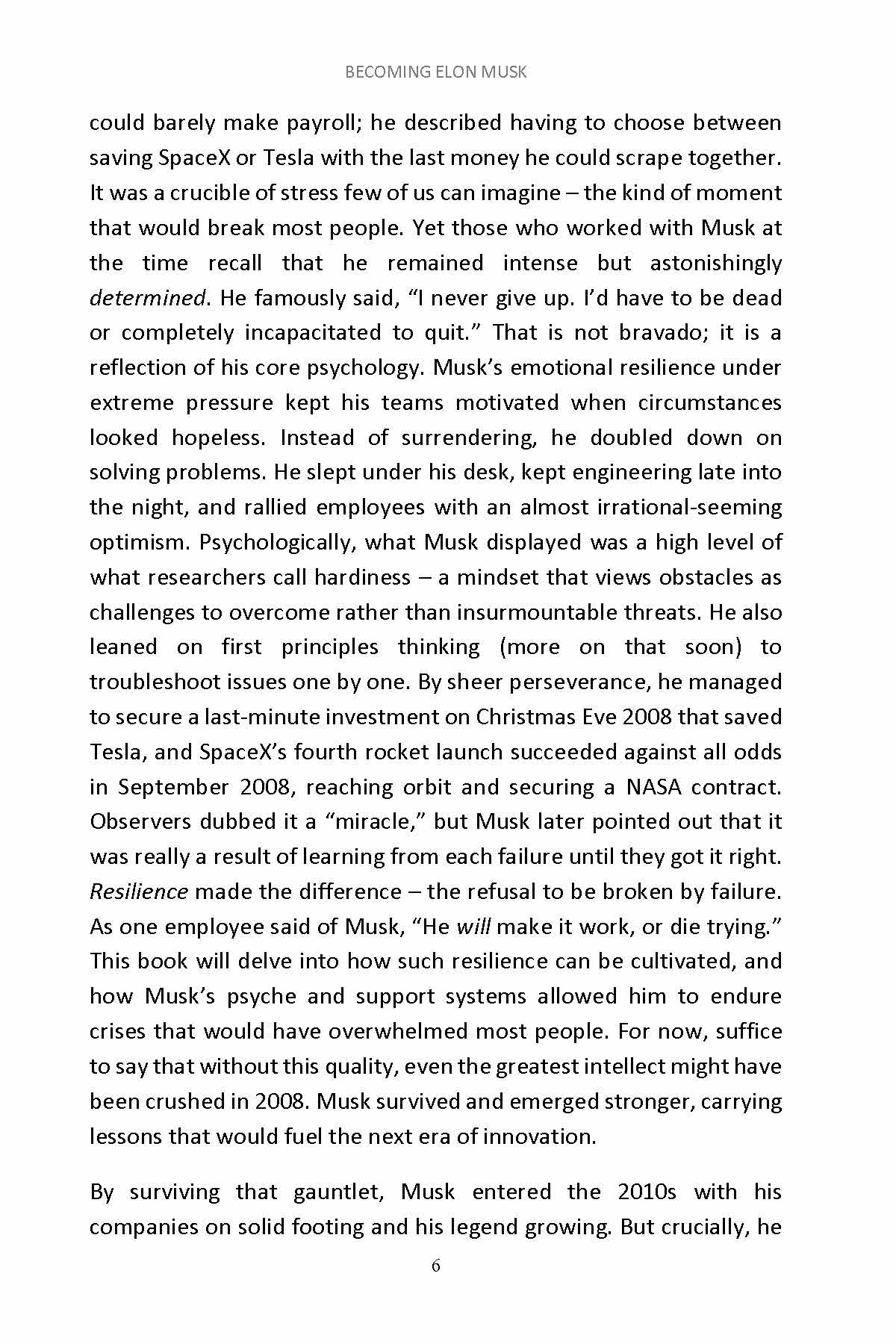 Book page describing Musk's 2008 financial crisis and emotional resilience