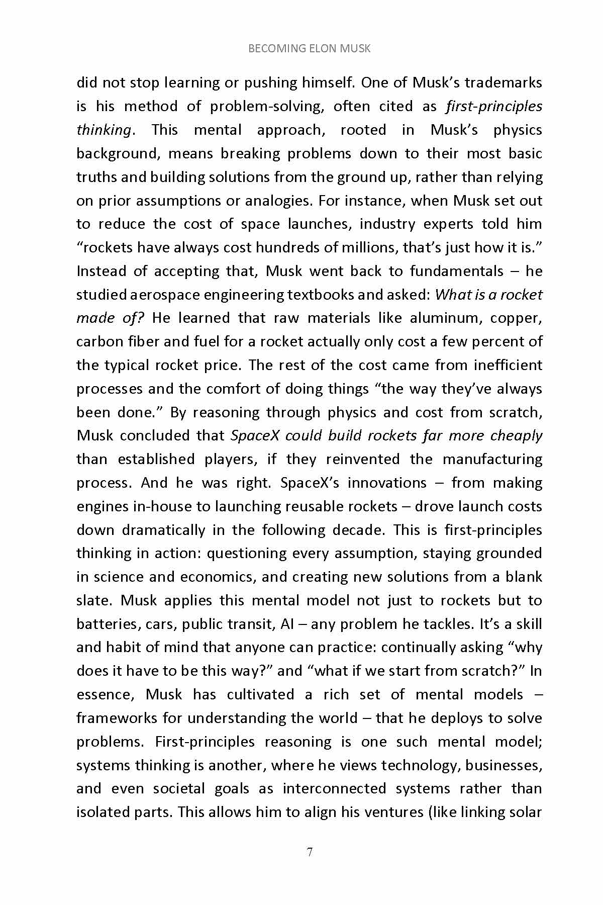 Book page about Musk's first-principles thinking approach to rocket cost reduction