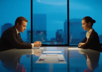 Two professionals in tense negotiation across conference table