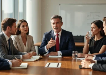 Business leader commanding a boardroom meeting