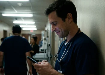 Doctor in scrubs taking a moment of reflection in a hospital hallway