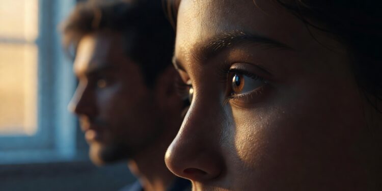 Close-up of perceptive eye in warm light with blurred figure in background, illustrating the psychology of reading people