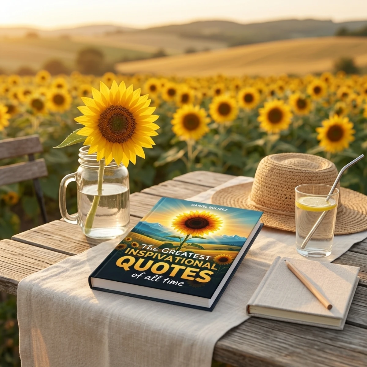 The Greatest Inspirational Quotes of All Time Book by Daniel Bulmez on a rustic garden table with sunflower and straw hat