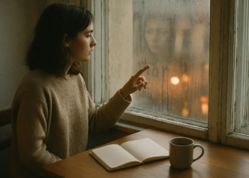 Young woman in beige sweater tracing a fogged window, faint reflection visible, contemplative mood