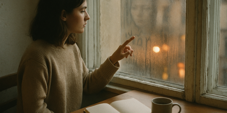 Young woman in beige sweater tracing a fogged window, faint reflection visible, contemplative mood