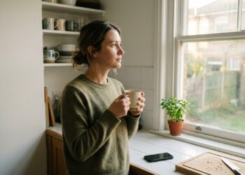 Woman at kitchen counter in morning light holding a coffee mug, looking out window with composed expression — moment of clarity