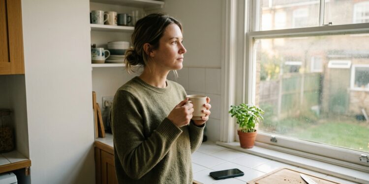 Woman at kitchen counter in morning light holding a coffee mug, looking out window with composed expression — moment of clarity